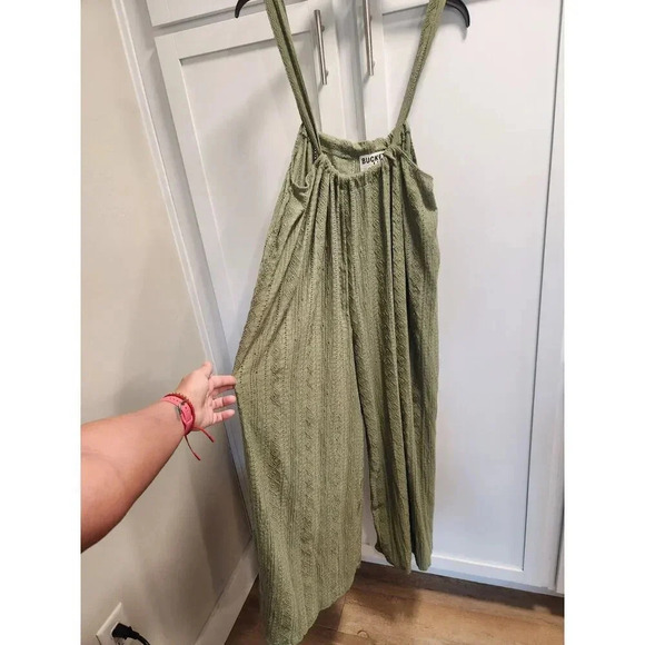 NWT BUCKETLIST Suspender Pants in Olive Lace Eyelet Wide Leg Overalls - Picture 1 of 9